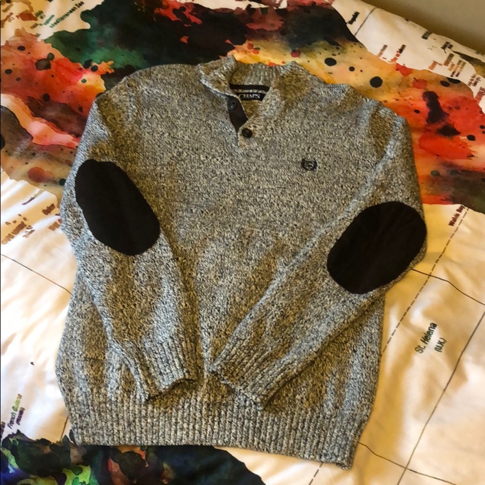 Knit pullover with corduroy elbow patches